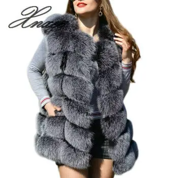 

Faux Sliver Fox Fur Vest Women Winter Fashion Medium Long Artifical Fox Fur Vests Woman Warm Fake Fox Fur Coats Female Ladies