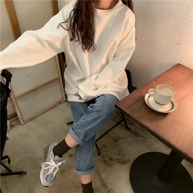 Осень корейский ulzzang мода Свободный Harajuku с длинными рукавами свитер ins простой сплошной цвет o-образным вырезом Повседневная Женская толстовка