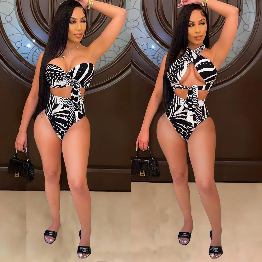 high leg bikini set 2021 Summer New Sexy Hollow Printed Black and White One-piece Two-piece Female Bikini cute bikini sets Bikini Sets