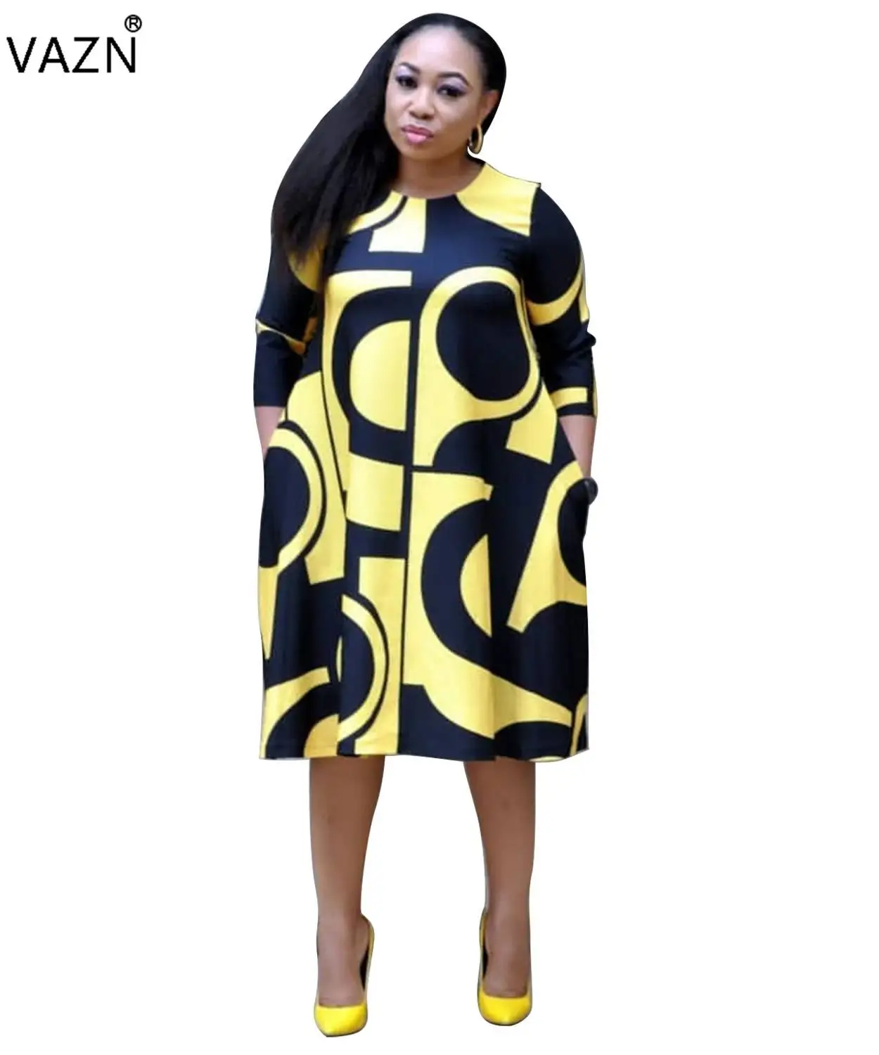 VAZN JLY1892 elegant formal style dresses seven points sleeve round neck printed dresses pockets loose knee-length dresses