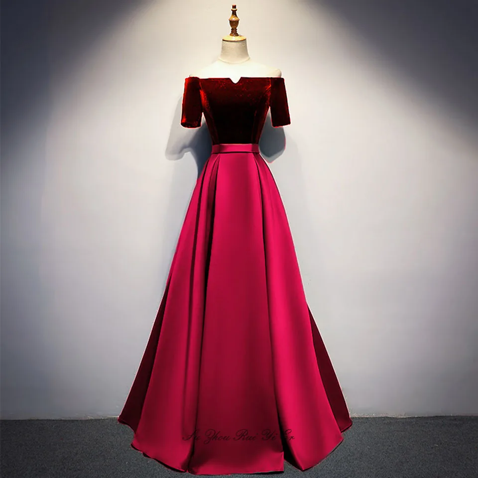 Burgundy Элегантное платье для выпускного вечера с открытыми плечами,, Vestidos De Fiesta, на шнуровке сзади, бархатный топ, сатиновая юбка, вечерние платья для выпускного вечера, Robe De Soiree - Цвет: Burgundy