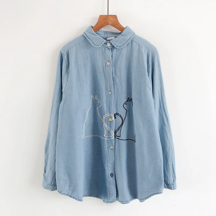 2020 New Autumn Women Soft Denim Shirt Turndown Collar Cartoon Embroidery Loose Long Sleeve | Женская одежда