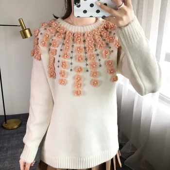 

3D Hand Crochet Floral Beaded Oversized Pullover Sweater 2019 Autumn Winter Thick Sweater Loose White Jumpers Knitted Top P-093