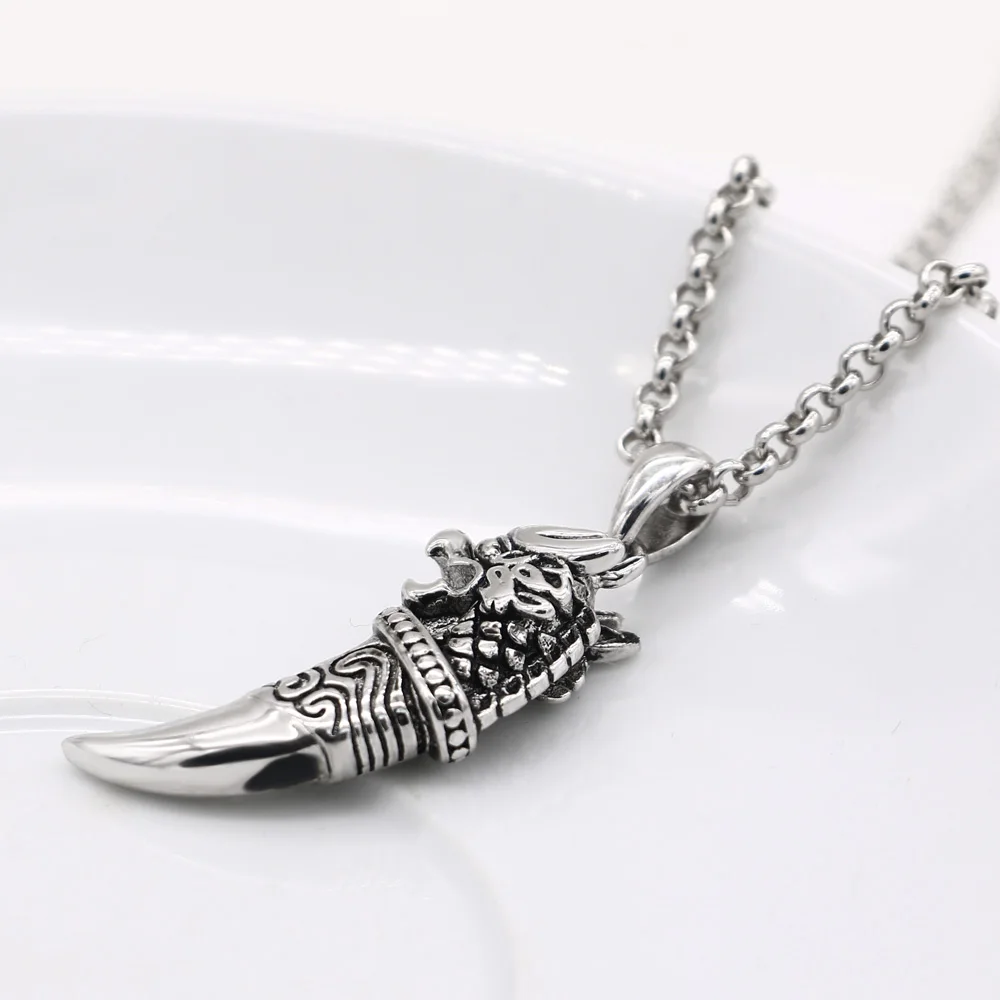 Retro 925 Sterling Silver Male Pendant Necklaces Punk Fashion Brave Men Wolf Tooth Spike Pendant Necklace for Men