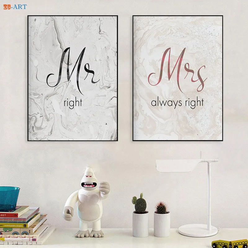 Романтический постер с надписью Mr Mrs Картина на холсте цитатами настенное