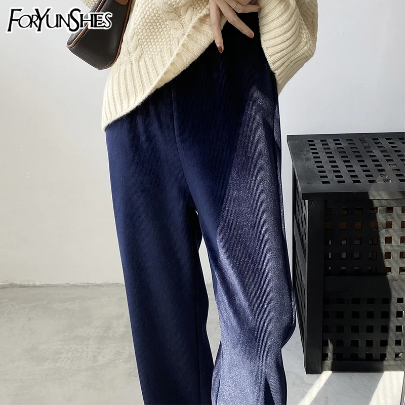 

FORYUNSHES Women Winter Corduroy Pants High Waist Female Solid Thicken Warm Loose Wide Leg Straight Trousers 2020 Korean Style