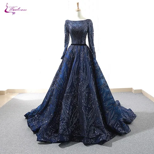 Pic Navy Blue Waulizane/кружевное вечернее платье трапециевидной формы с глубоким вырезом; вечерние платья двух цветов с длинным рукавом - Цвет: Pic Navy Blue
