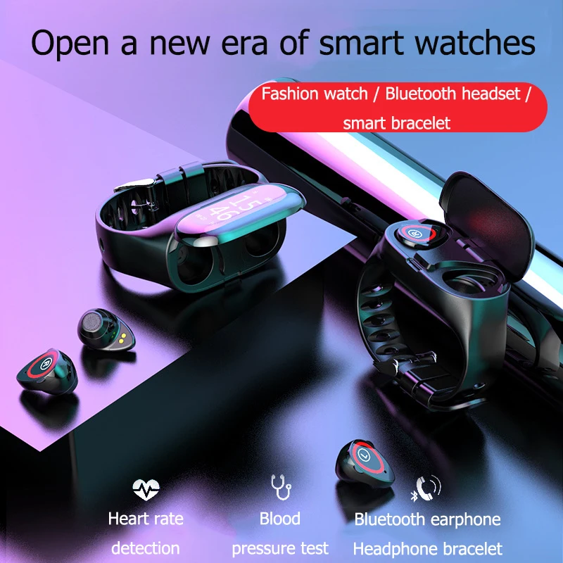

Wireless Bluetooth Earphone With Heart Rate Monitor Stereo bass With Mic Earbuds Sport smartWatch Wristband bracelet Men Headset