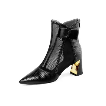

New Fashion Genuine Leather Square Heel Ladies Boots Casual Outside Mesh Shoes Basic High Heel Women Boots
