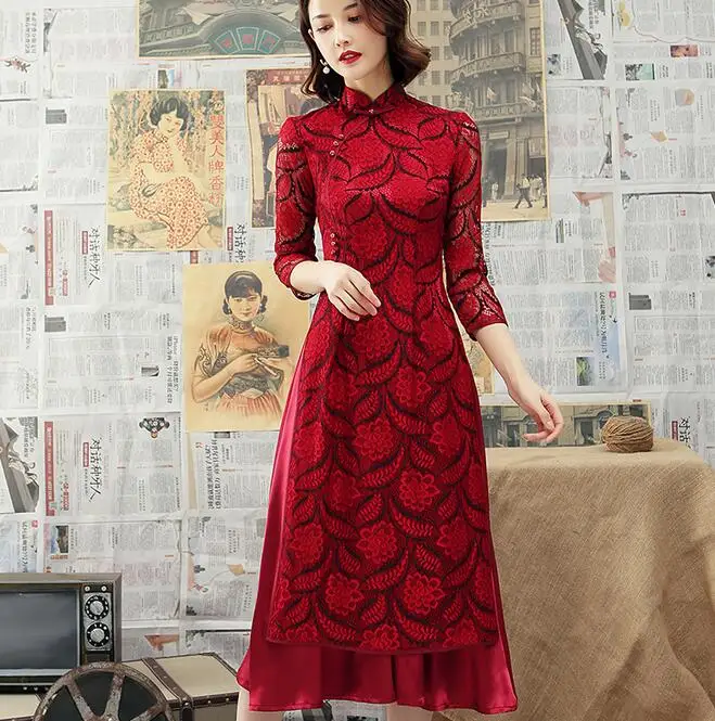 Зеленый Модный кружевной воротник мандарина Aodai традиционное китайское Ципао женское платье винтажное женское сексуальное платье с вышивкой Cheongsam Размер M-3XL - Цвет: Красный
