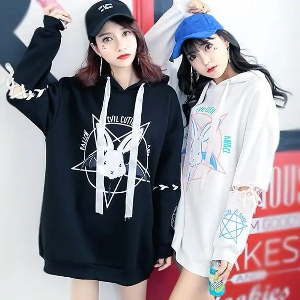 

Harajuku Style Women Sweatshirt Rabbit Pentacle Print Lace Up Hoodies Casual Loose Long Sleeve Sweatshirt
