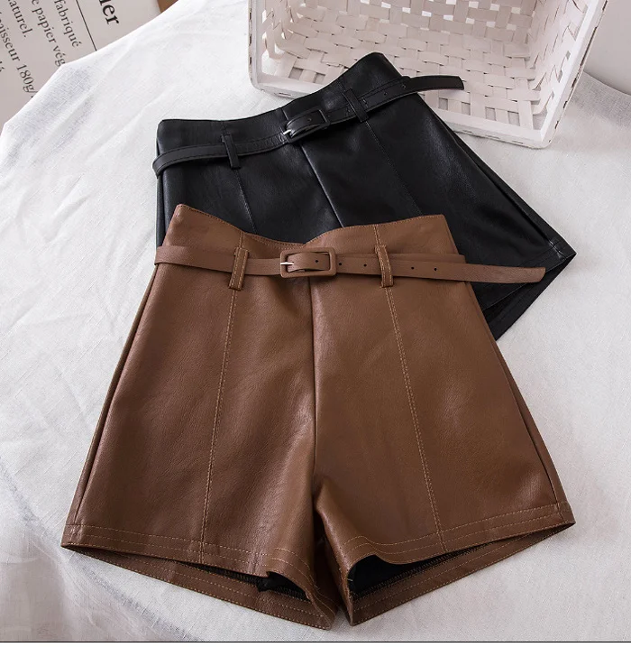 Casual PU Leather Shorts For Women High Waist Sashes Wide leg Shorts Spring Summer Loose Elastic Waist Leather Shorts