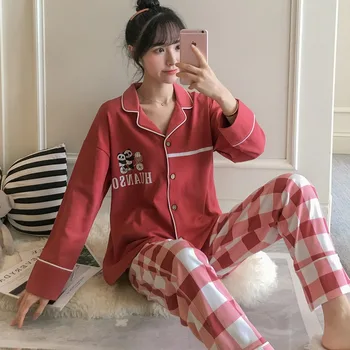 

Spring Autumn Plus Size Cotton Long Sleeve Pajamas Sets for Women Plaid Pants Sleepwear Loungewear Homewear Pijama Mujer Clothes