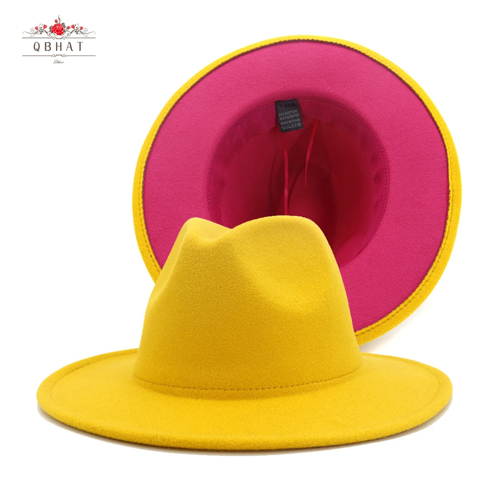 Qbhat Outer Yellow Inner Hot Pink Patchwork Jazz Felt Hat Women Men