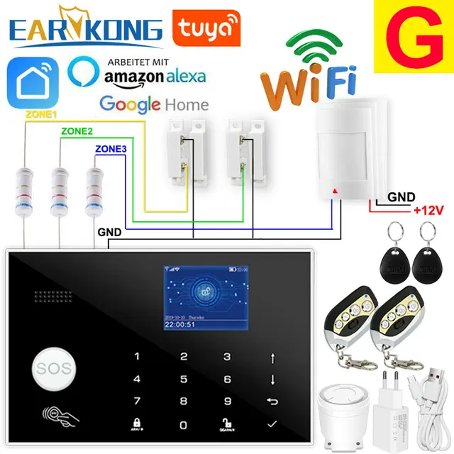 Wifi GSM Alarm System 433MHz Home Burglar Security Alarm Wireless Wired Detector RFID Touch Keyboard Temperature Humidity Alexa G