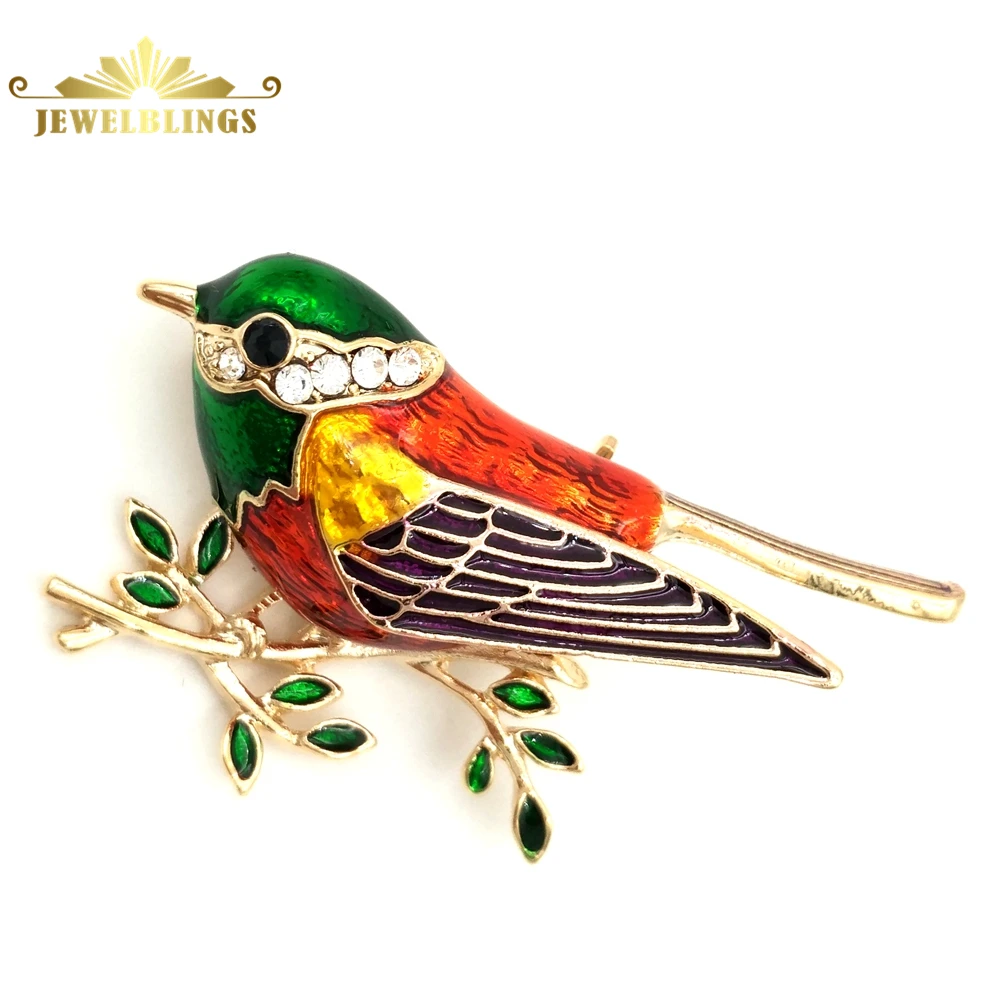 

Modern Vintage Green Red Orange Enamel Bird Brooches Gold Tone Branch Leaf Deco Humming Bird Pins Broaches Cute Animal Jewelry