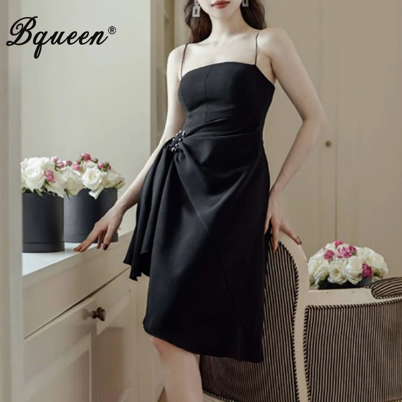 

Bqueen New Black dress Spaghetti Straps Sleevelss Backless Bodycon Asymmetrical Hem Women With Diamond Belt Midi Dress 2020