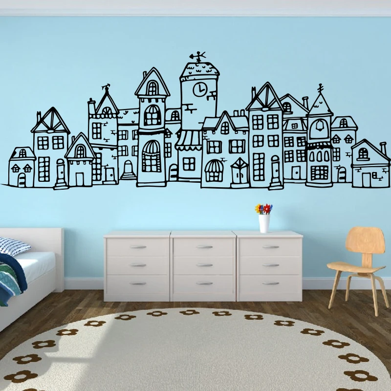 Large Scandinavian Style Cute Village City Wall Sticker Bedroom Sofa Nordic Scandi Town Wall Decal Living Room Nursery Vinyl Art (2)