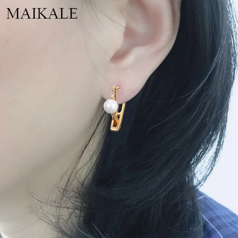 MAIKALE New Fashion V-shape Cross Stud Earrings with Pearl Cubic Zirconia Gold Silver Color Plated Samll Earrings for Women Gift