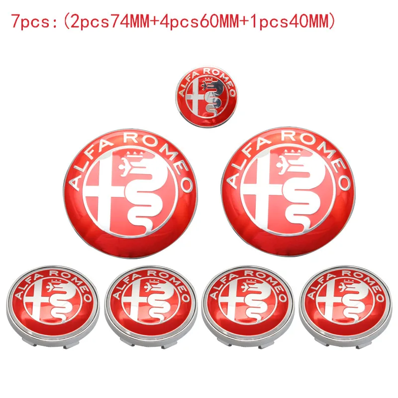 Красный 7pcs Alfa Romeo CAR Logo 74mm Hood Trunk+ Steering Wheel Badge+ 60mm Wheel Center Cap Emblem Brera 159 Spider Giulietta Stelvio - Название цвета: Красный