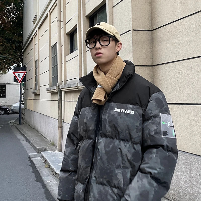 

Camouflage Patchwork Puffer Jackets and Bubble Coats for Men Winter Warm Clothing 2020 Fashion Trends Stand Collar Fluffy Padded