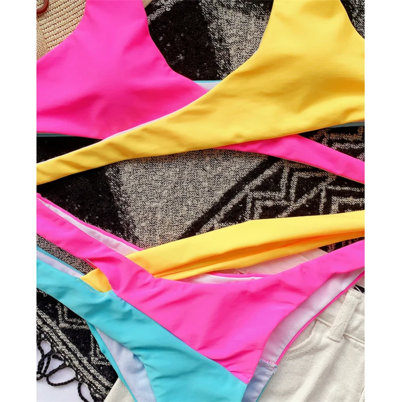 Bandage Swimsuit Women Two Pieces Stitching Bikini Mujer 2020 Sexy Cross Swimsuit Female Summer Beachwear High Waist Bather Suit pink bikini set