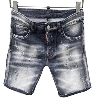 

shorts dsq four seasons jeans men's strong wash hole patch graffiti punk hip hop casual fit elastic 2020 latest