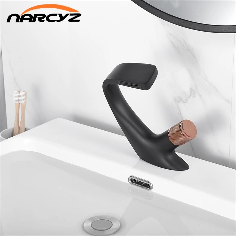 Basin Faucet Black with Rose Gold Taps Bathroom Sink Single Handle Hole Deck Wash Hot Cold Mixer Tap Crane B615 | Обустройство дома