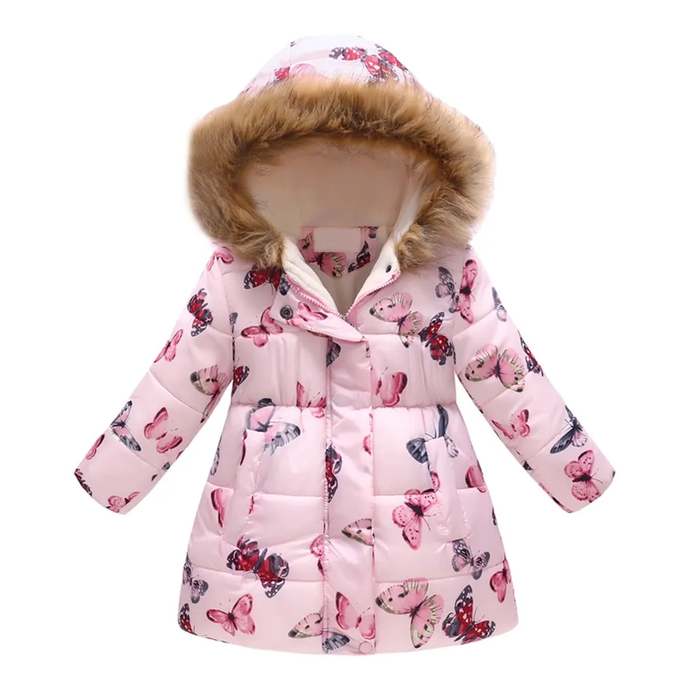 Зимняя теплая куртка с цветочным принтом для маленьких девочек и мальчиков; ветрозащитное пальто с капюшоном; пальто для девочек; коллекция года; зимняя теплая детская куртка - Цвет: Pink