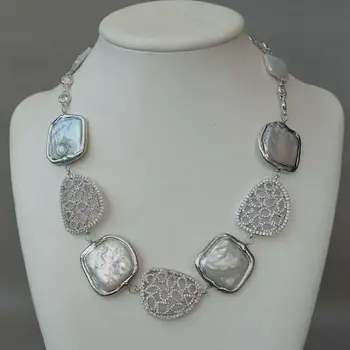 

18" Cultured Square Keshi Pearl Necklace CZ Pave Connector