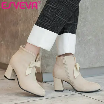 

ESVEVA 2020 Women Shoes Winter Ankle Boots Pointed Toe PU Leather Flock Square High Heel Motorcycle Platform Boot Size 34-43