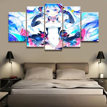 

Canvas Modern Pictures Home Decoration 5 Pieces Hatsune Miku Paintings Wall Art Prints Anime Poster Modular Living Room Framed