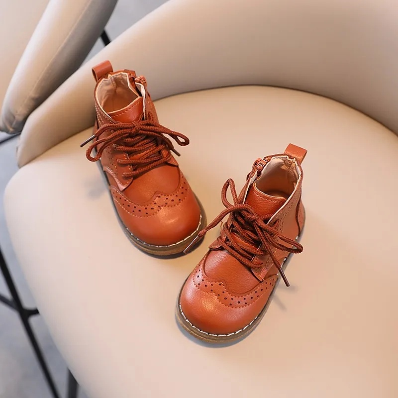Children Boots British Style Fretwork Pu Leather Brown Black Boys Girls Short Boot 21-30 Toddler Zipper Solid Color Kids Shoes 3