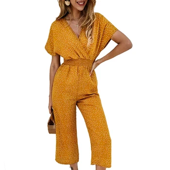 

Women Jumpsuits Summer Long Playsuits Short Sleeve V-neck Elastic Waist Loose Wine Leg Pants Vintage Dot Printed Overalls