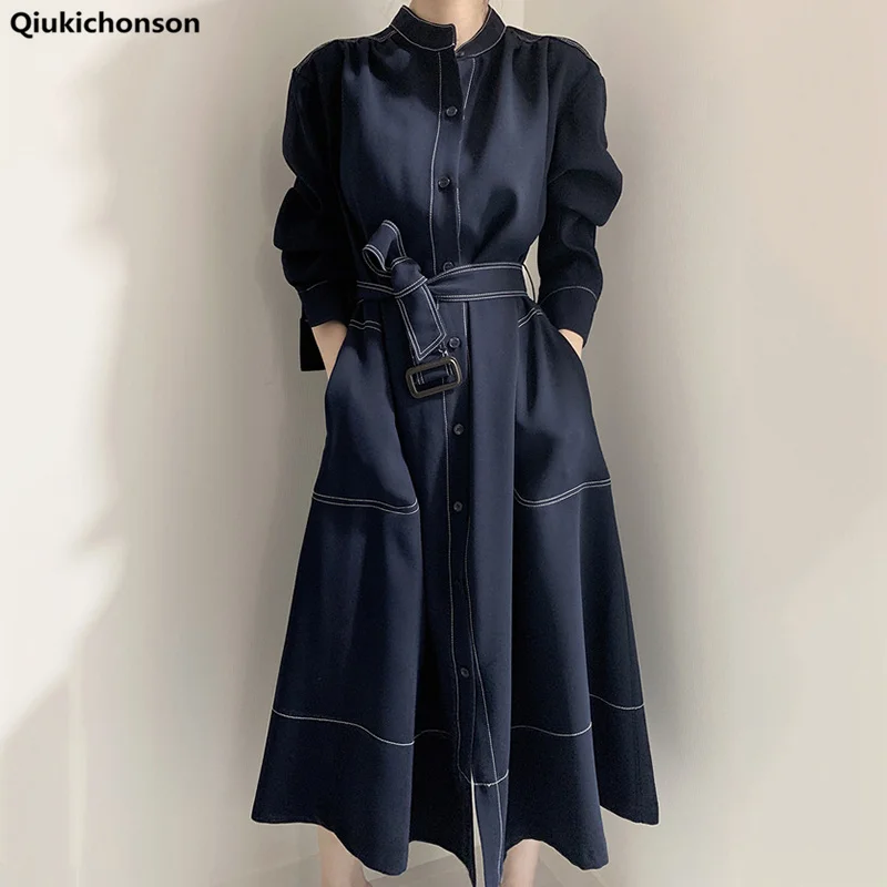 

Korea Trench Coat Women 2020 Autumn Winter Chic Jag Single-Breasted Stand Collar Elegant Plus Size Long Coat With Belt Pockets