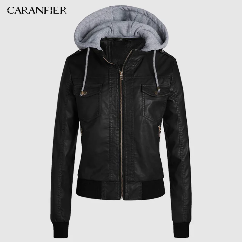 CARANFIER/куртка из искусственной кожи с капюшоном; Женская Весенняя Замшевая байкерская куртка на молнии в стиле панк; байкерская куртка с уличным рукавом
