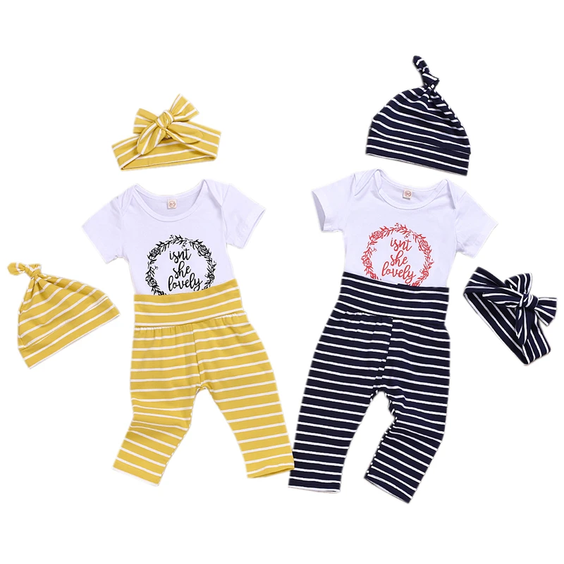 

Cute 4PCS Set Newborn Baby Boy Clothes Isn't She Lovely Letter Print Bodysuit Tops Long Pants Hat Infant Girl Outfits 0-24M