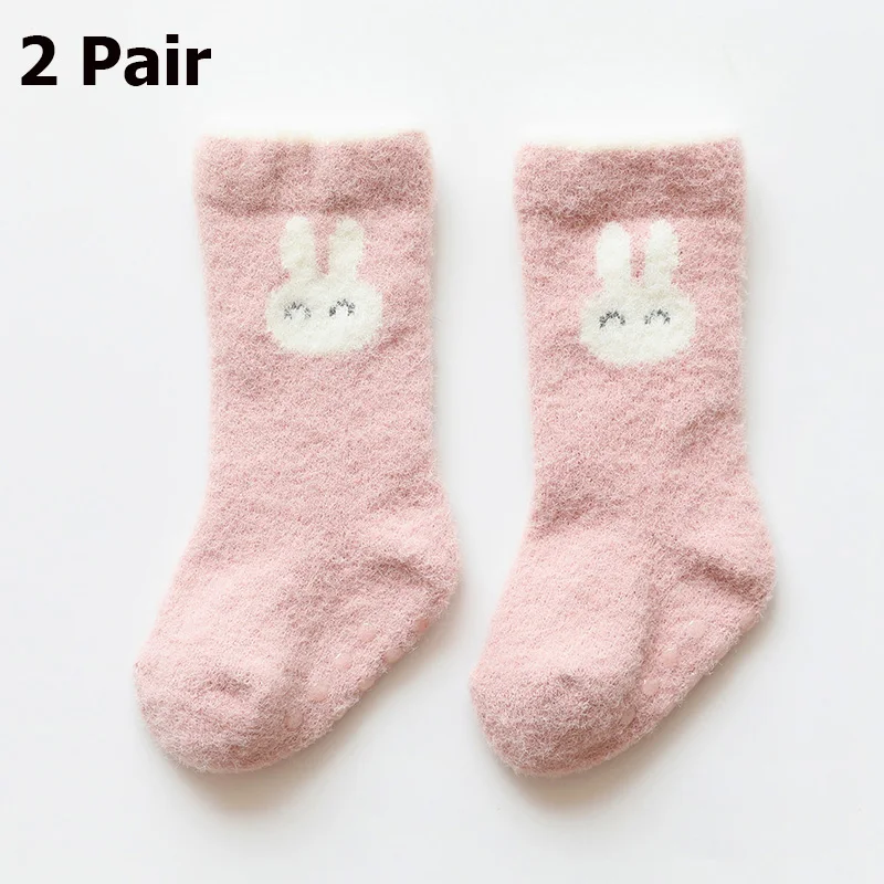 Two Pairs Pink Носки для малышей Зимние носки для новорожденных теплые 2 пар/компл. Носки для малышей противоскользящие Домашние тапочки для малышей, нескользящие носки для детей ясельного возраста обувь - Цвет: Two Pairs Pink