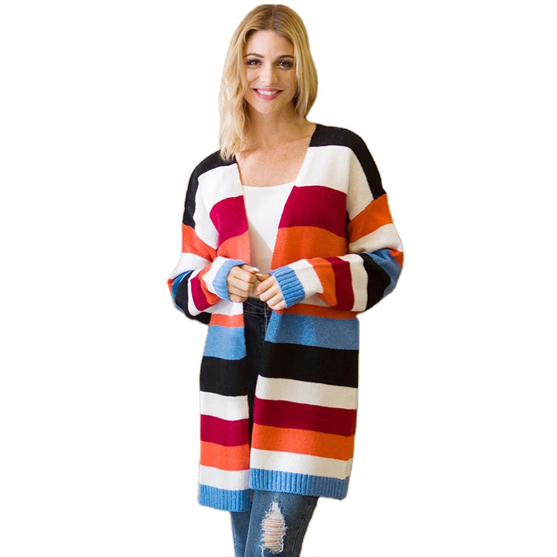 

2020 Autumn and Winter European and American Knitted Sweaters Striped Mid-length Cardigan Sweater Women Plus Size Cardigans