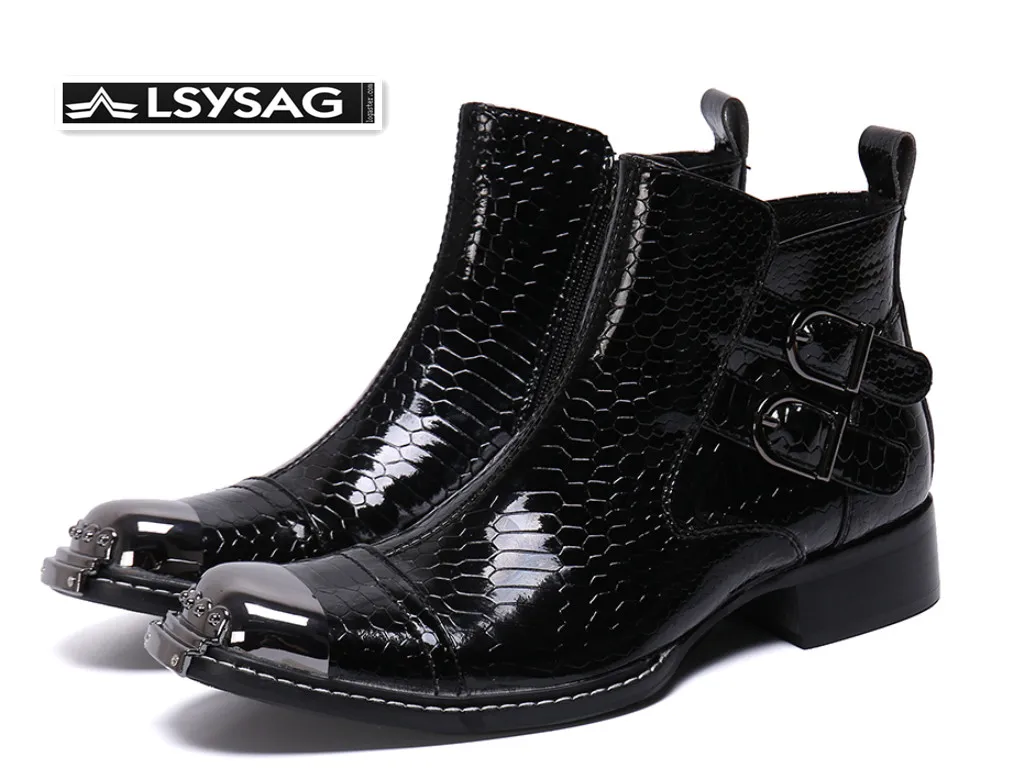 

Winter Snake Skin Men Ankle Boots Black Square Toe Genuine Leather Boots for Party Punk Motorcycle Boots Men Shoe