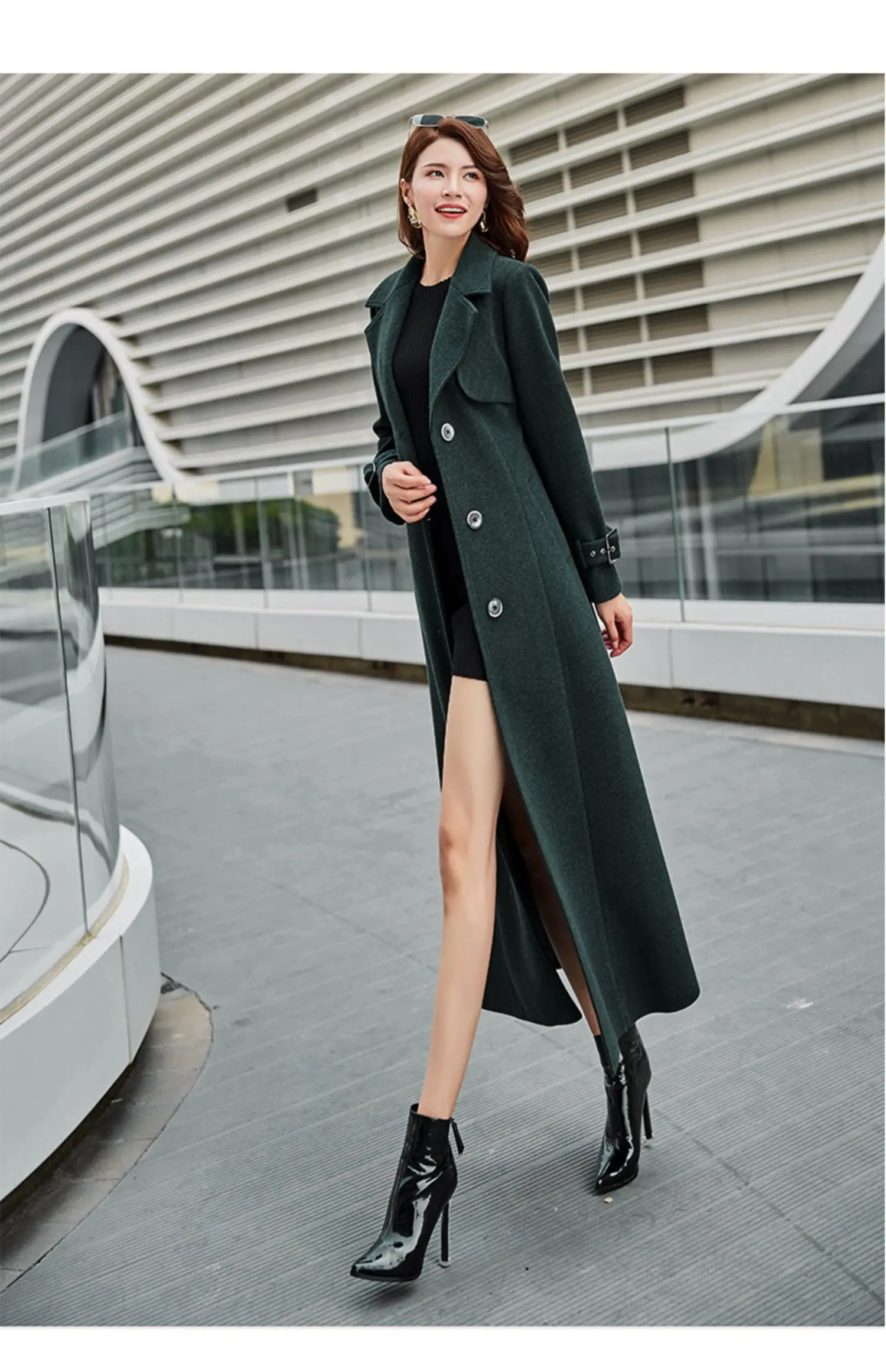 Winter Coat Women New Dark Green Wool Coat Female Turn-down Collar Single Breasted High Quality Plus Size Long Outerwear