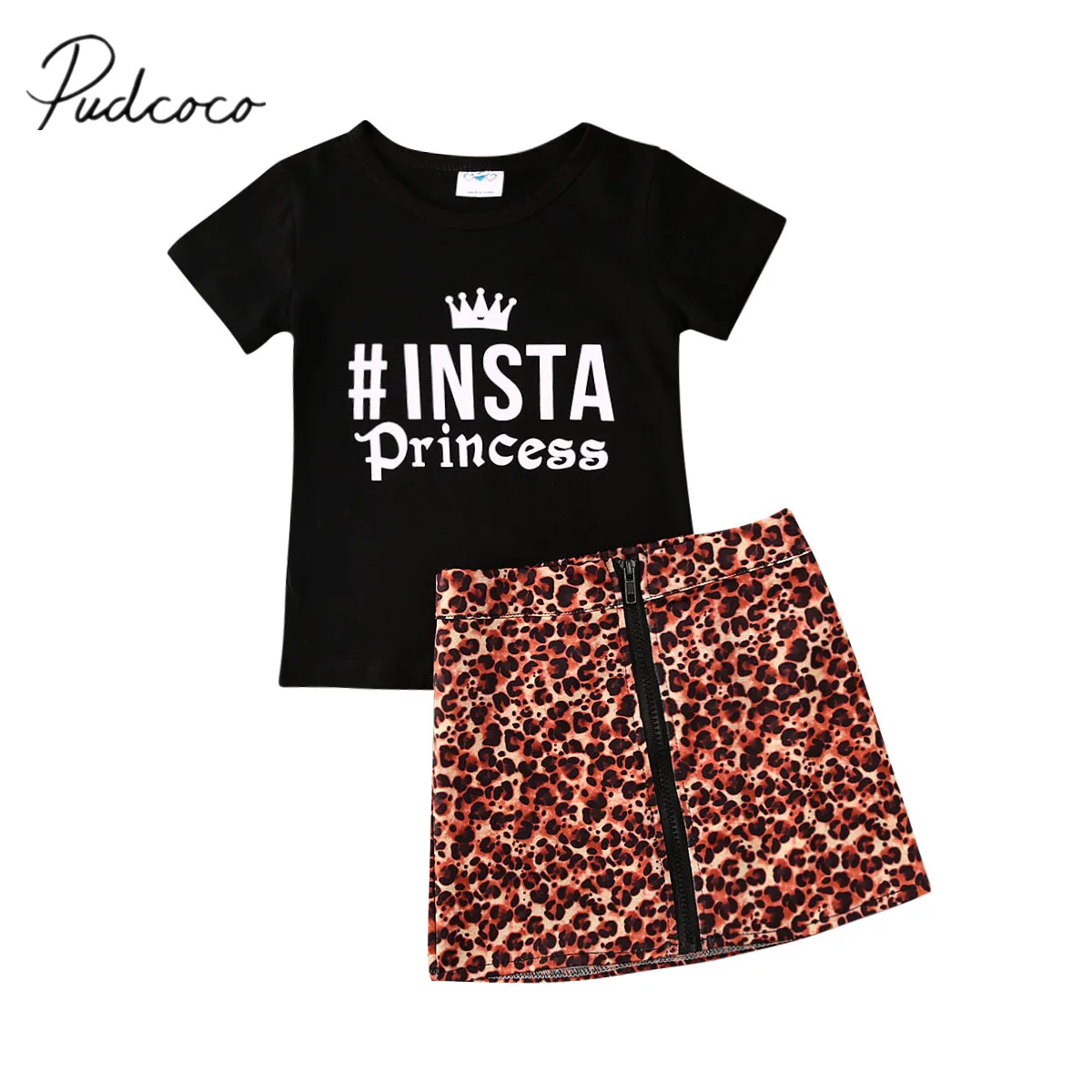 

2020 Baby Summer Clothing 2pcsSet Toddler Kids Baby Girl Clothes Short Sleeve Top T-shirt Zipper Mini Skirts Leopard Outfit