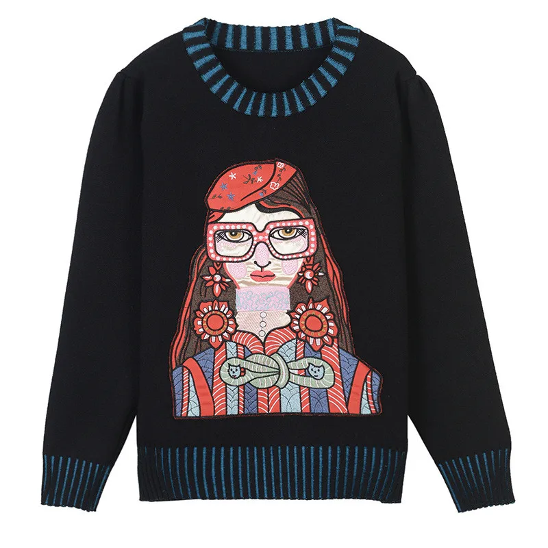 

Women Sweater Cartoon Girl Embroidery Jumper Beauty Pattern Sweater Striped Jersey Runway Long Sleeve Pullovers Knitted Top Cute