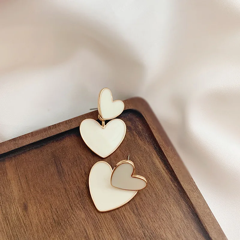 2020 New Fashion Korean Drop Earrings For Women White Enamel Double Heart Korean Jewelry Female Earring Girls Gift