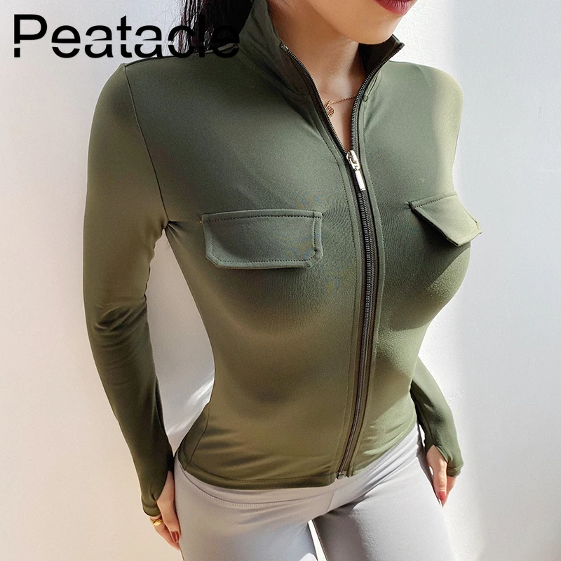 Peatacle, женская спортивная одежда для фитнеса, женская спортивная рубашка с длинным рукавом для спортзала, топ для йоги, женская спортивная куртка с карманом для тренировок
