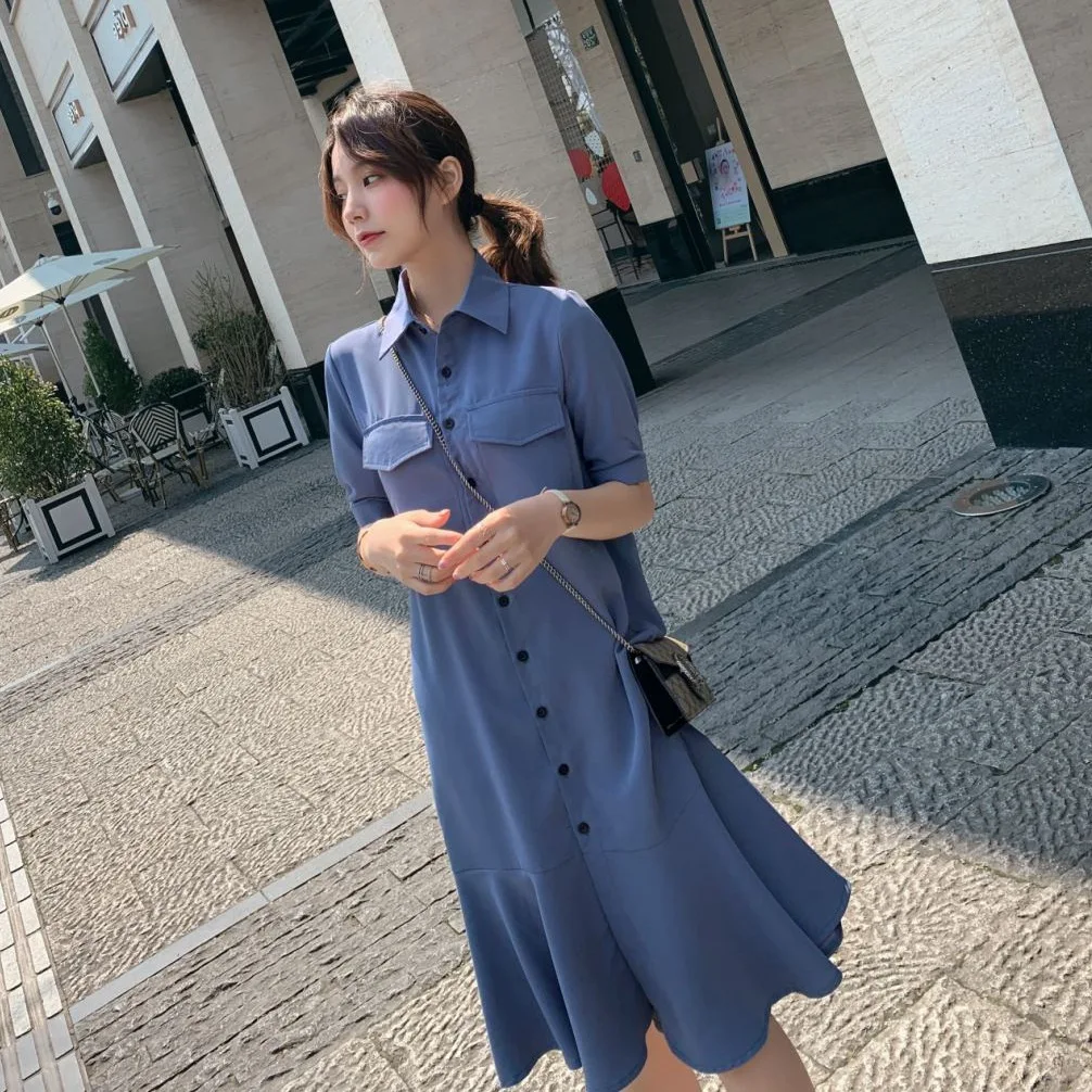 

Photo Shoot CHIC Smell GIRL'S Four Colors Mid-length Loose-Fit by Age Fold-down Collar Single Breasted Fishtail Shirt Dress OL