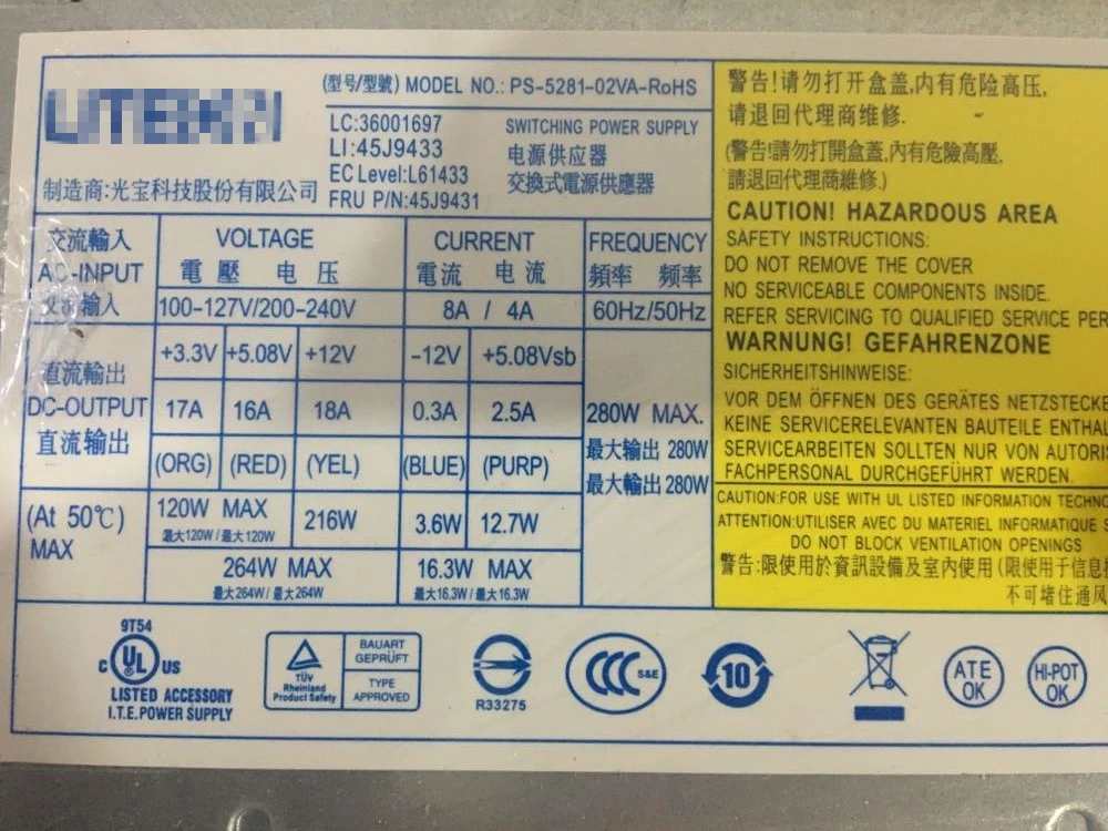 PSU для lenovo 24P 280W блок питания PS-5281-02VA-RoHS 45j9433 36001697 45j9431