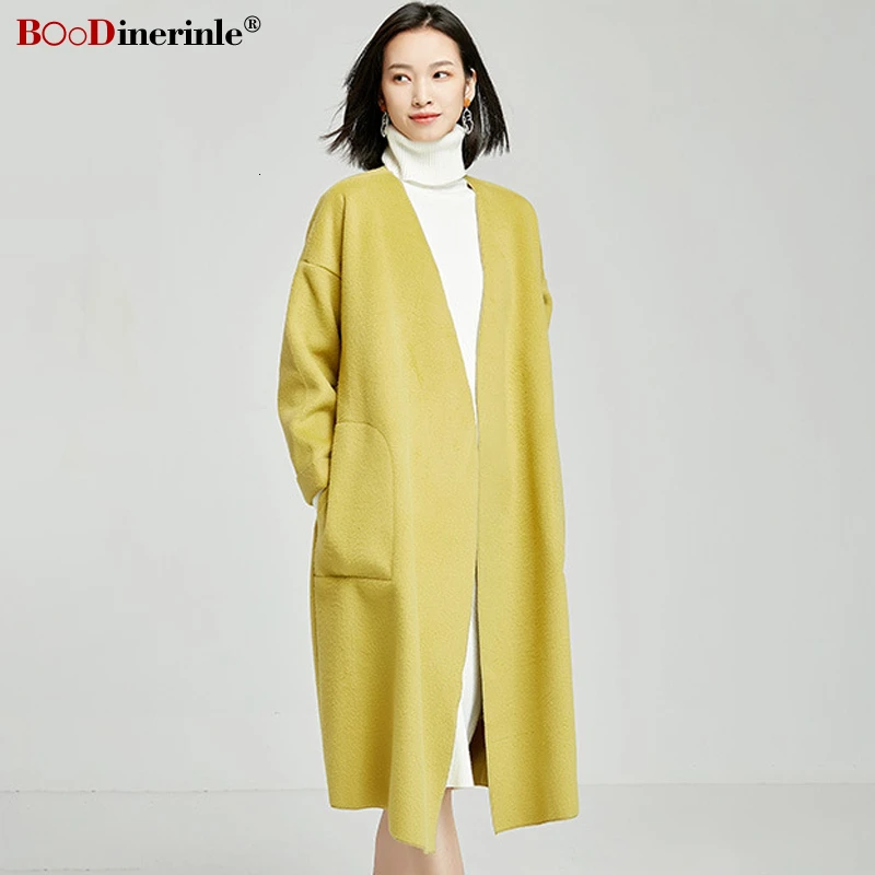 BOoDinerinle, Женское пальто, зимняя женская куртка, женское длинное шерстяное пальто с запахом, женское элегантное кокон с длинным рукавом и поясом, Свободное пальто