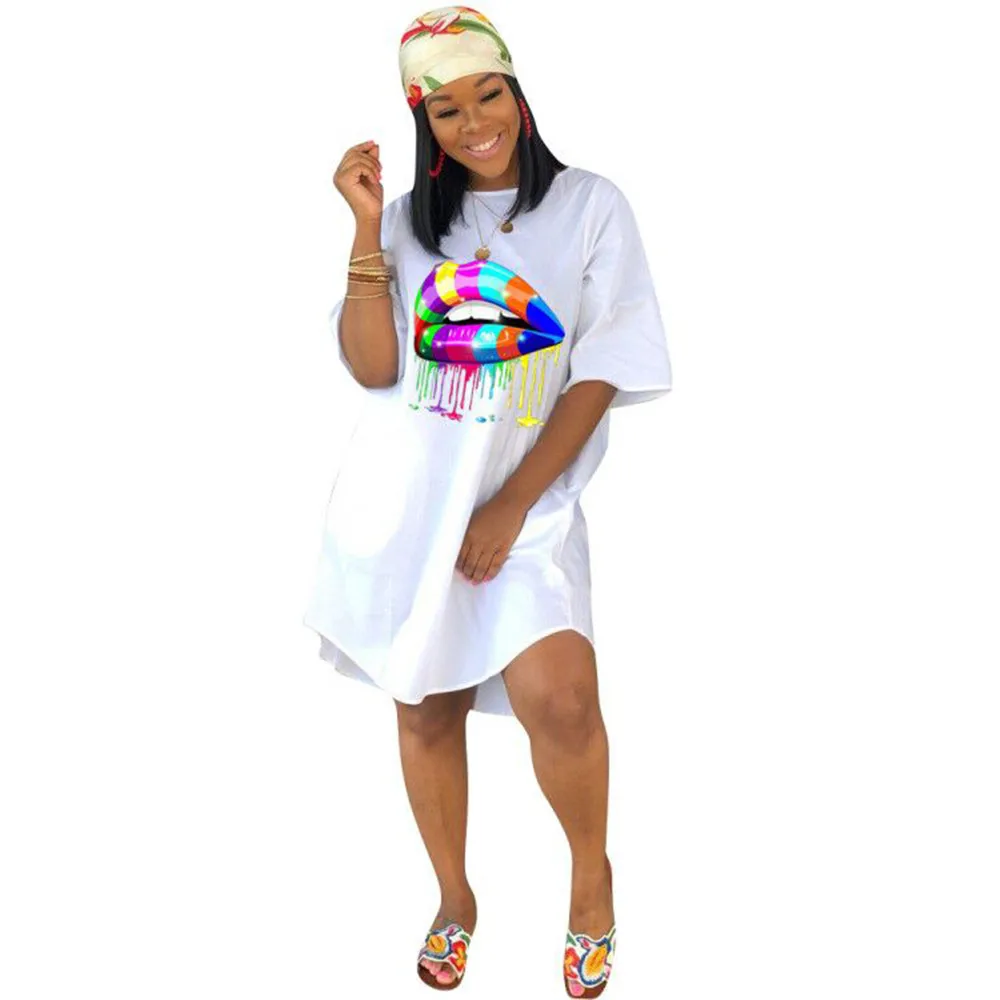 Белый Colorful lip print sexy women dress o neck casual robe femme lady sexy short sleeve summer dresses DMN018 - Цвет: Белый
