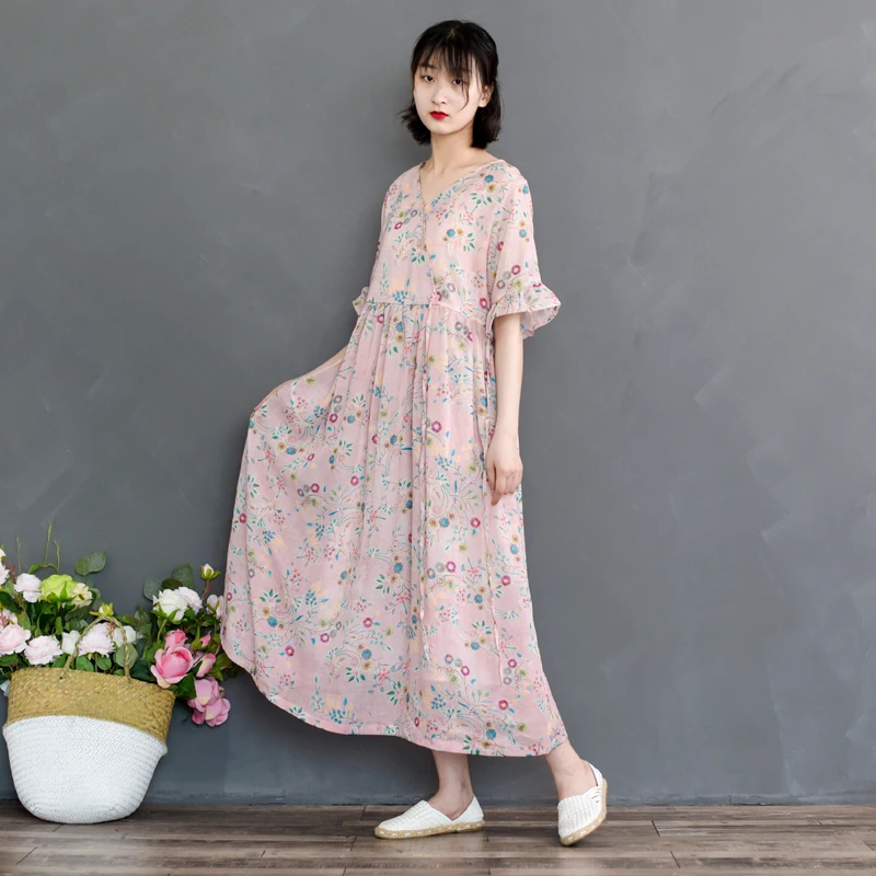 

Ramie Original Design High-end Printing Double-layer Large V-neck Short Sleeve Summer National Wind Dress